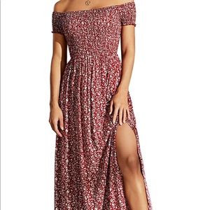 Floerns Women's Boho Red Floral Print Off Shoulder Split Long A Line Dress